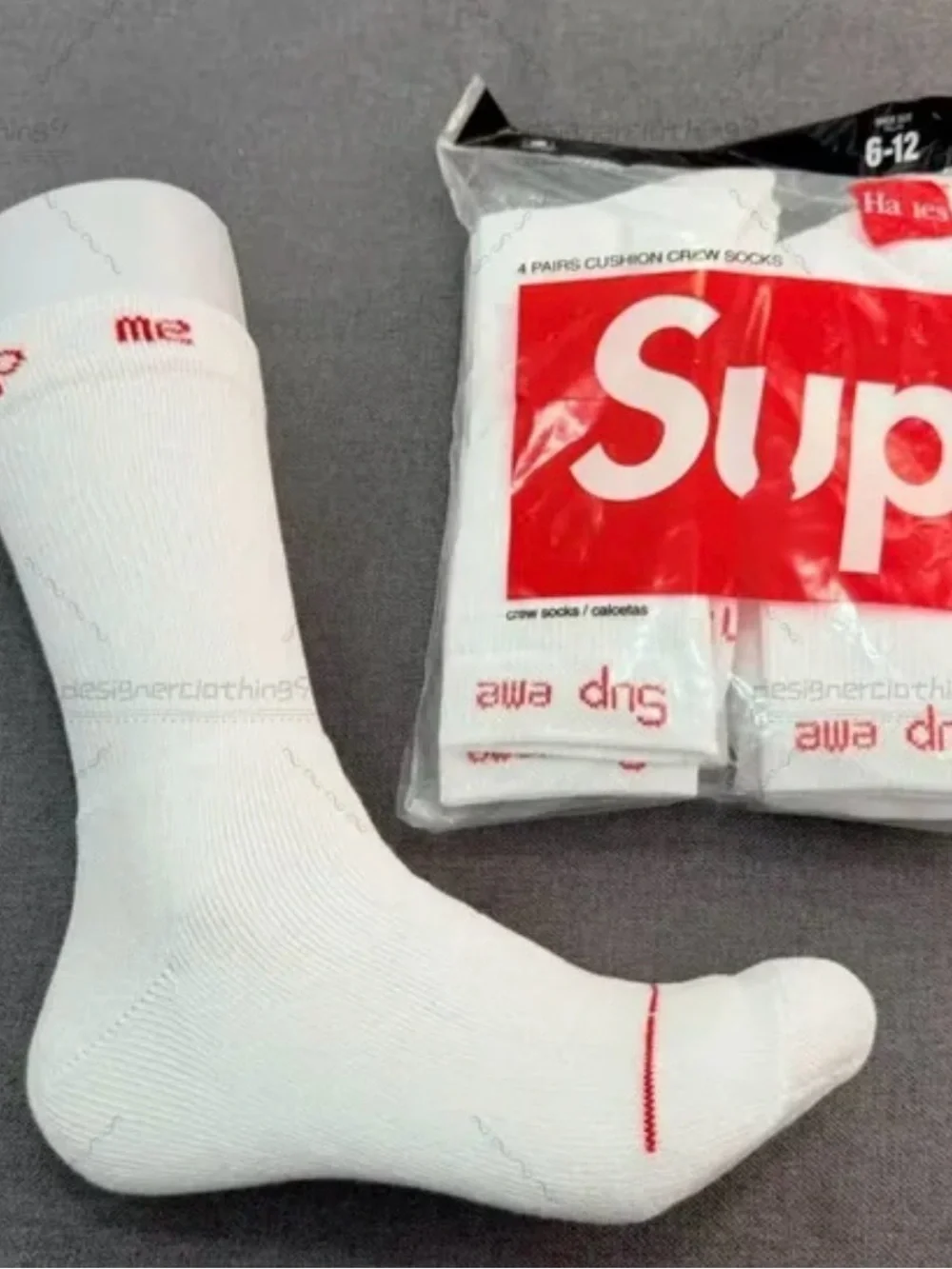 Supreme White Crew Socks with Red Logo and Toe Accent